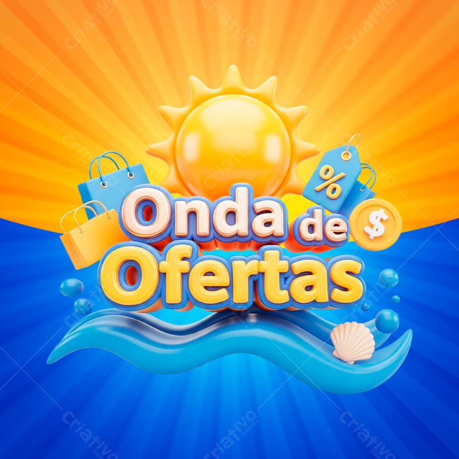 Selo 3D Onde de Ofertas Verão Laranja Azul PNG Transparente