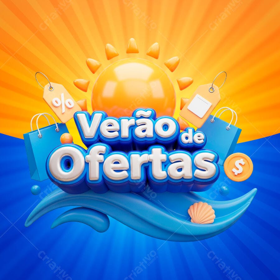 Selo 3D Verão de Ofertas Azul e Laranja PNG Transparente