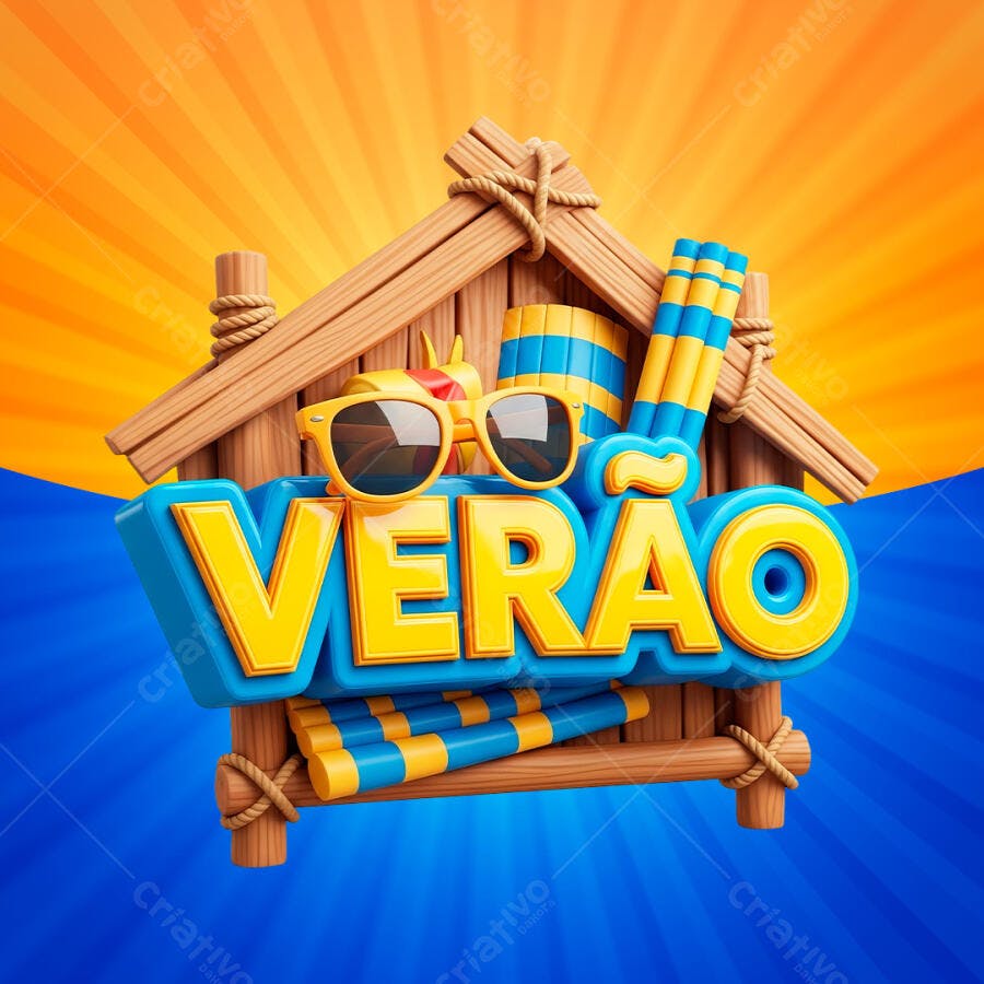 Selo 3D Verão Praia Óculos de Sol Azul e Amarelo PNG