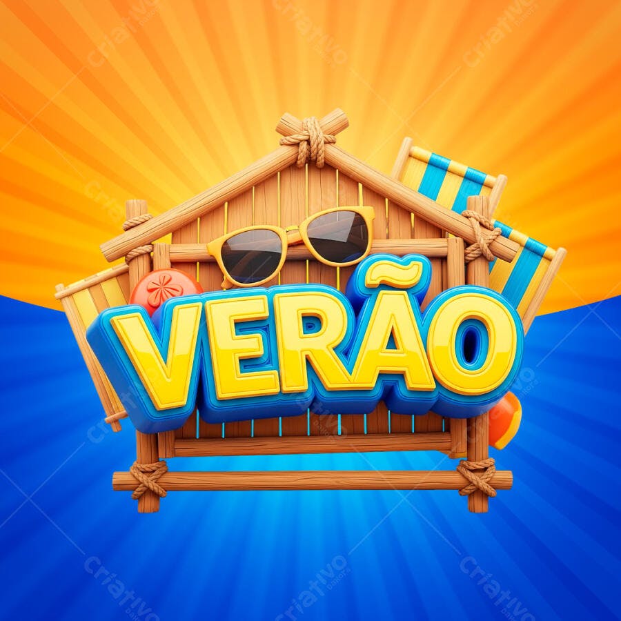 Selo 3D Verão com Óculos de Sol e Estrutura de Madeira PNG