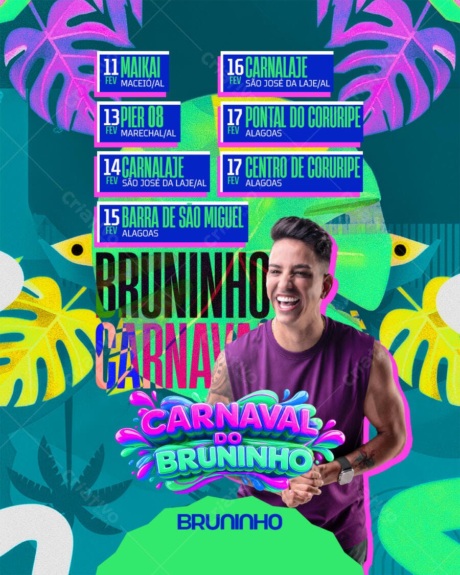Flyer Carnaval Bruninho Fevereiro PSD Editável