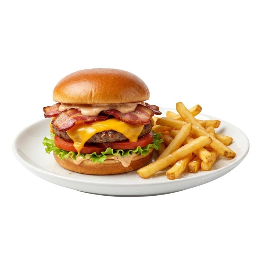 Foto Recortada Hambúrguer Bacon Batata Frita PNG Fundo Transparente