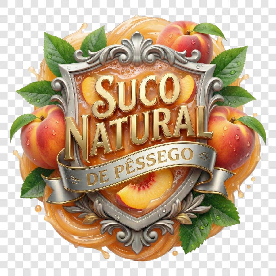Selo 3D Suco Natural de Pêssego Metalizado Prata Dourado PNG