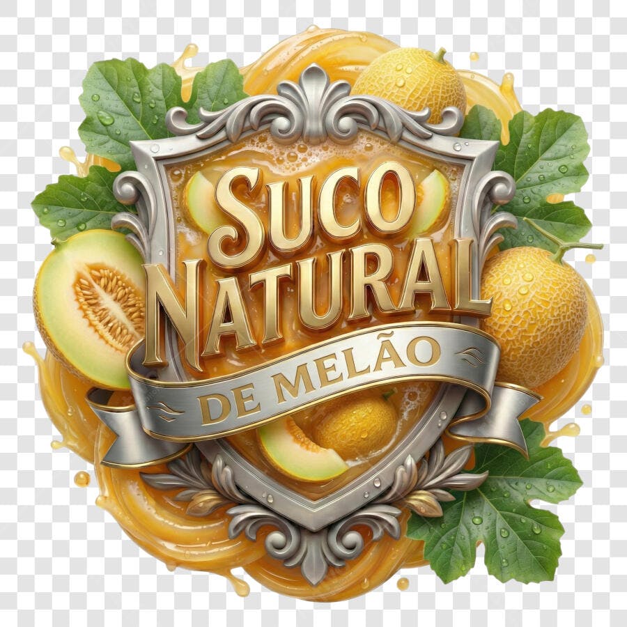 Selo 3D Suco Natural de Melão Metalizado Dourado PNG Transparente