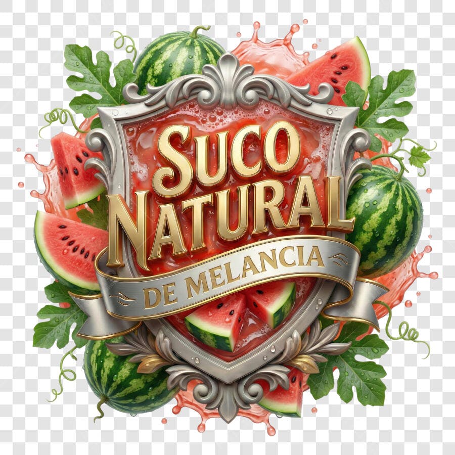 Selo 3D Suco Natural Melancia Escudo Metalizado PNG Transparente
