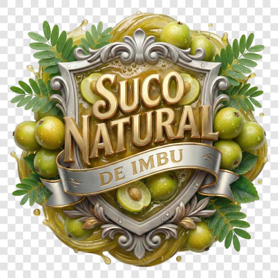 Selo 3D Suco Natural de Imbu Metalizado Prata e Dourado PNG
