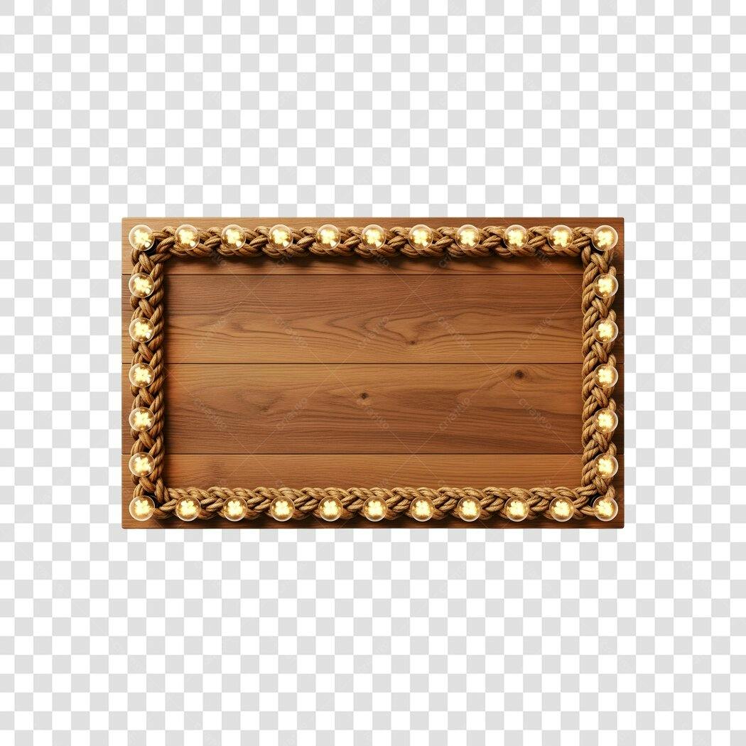 Elemento Decorativo Moldura Madeira Corda Luzes PNG Fundo Transparente
