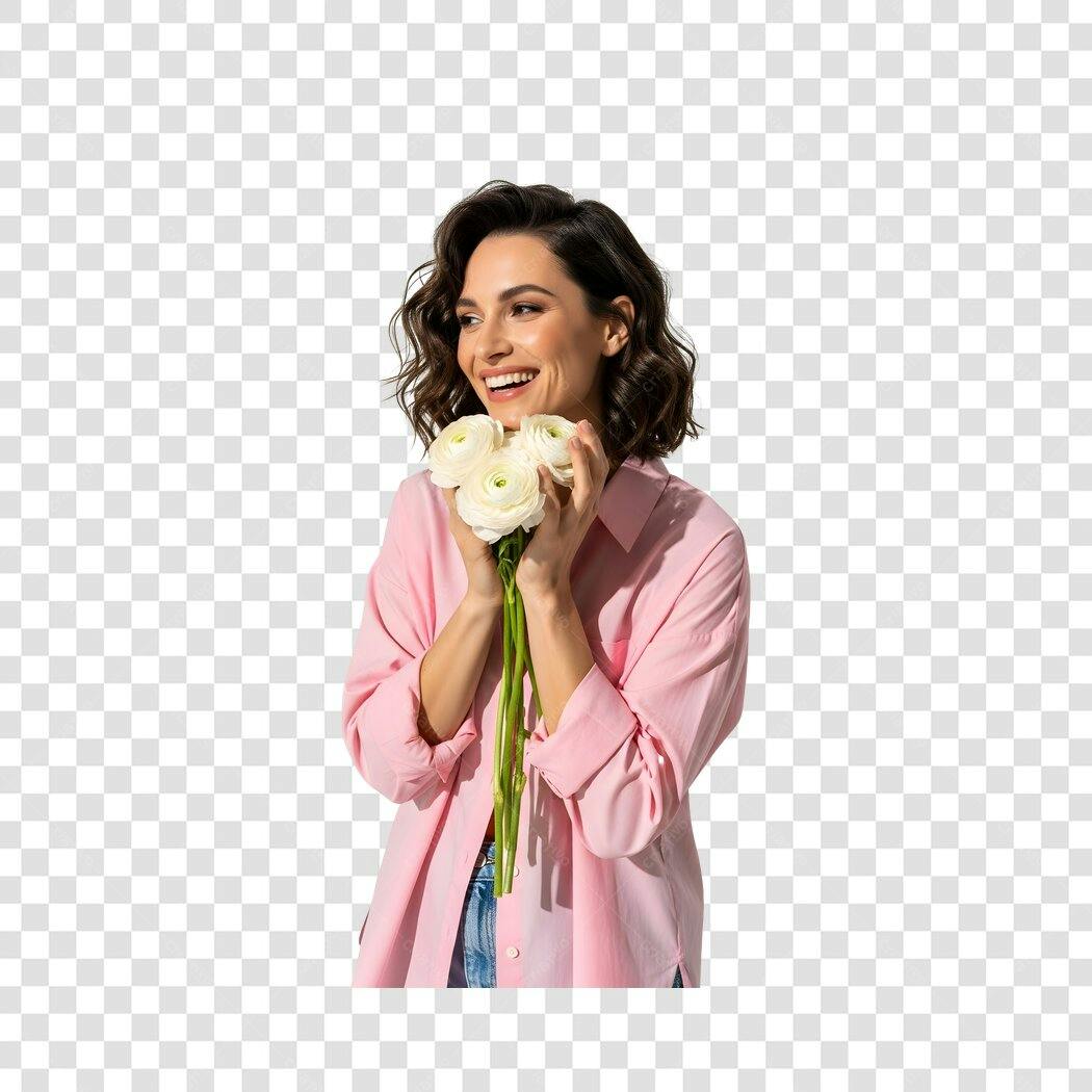 Foto Recortada Mulher Sorrindo Flores Brancas PNG Fundo Transparente