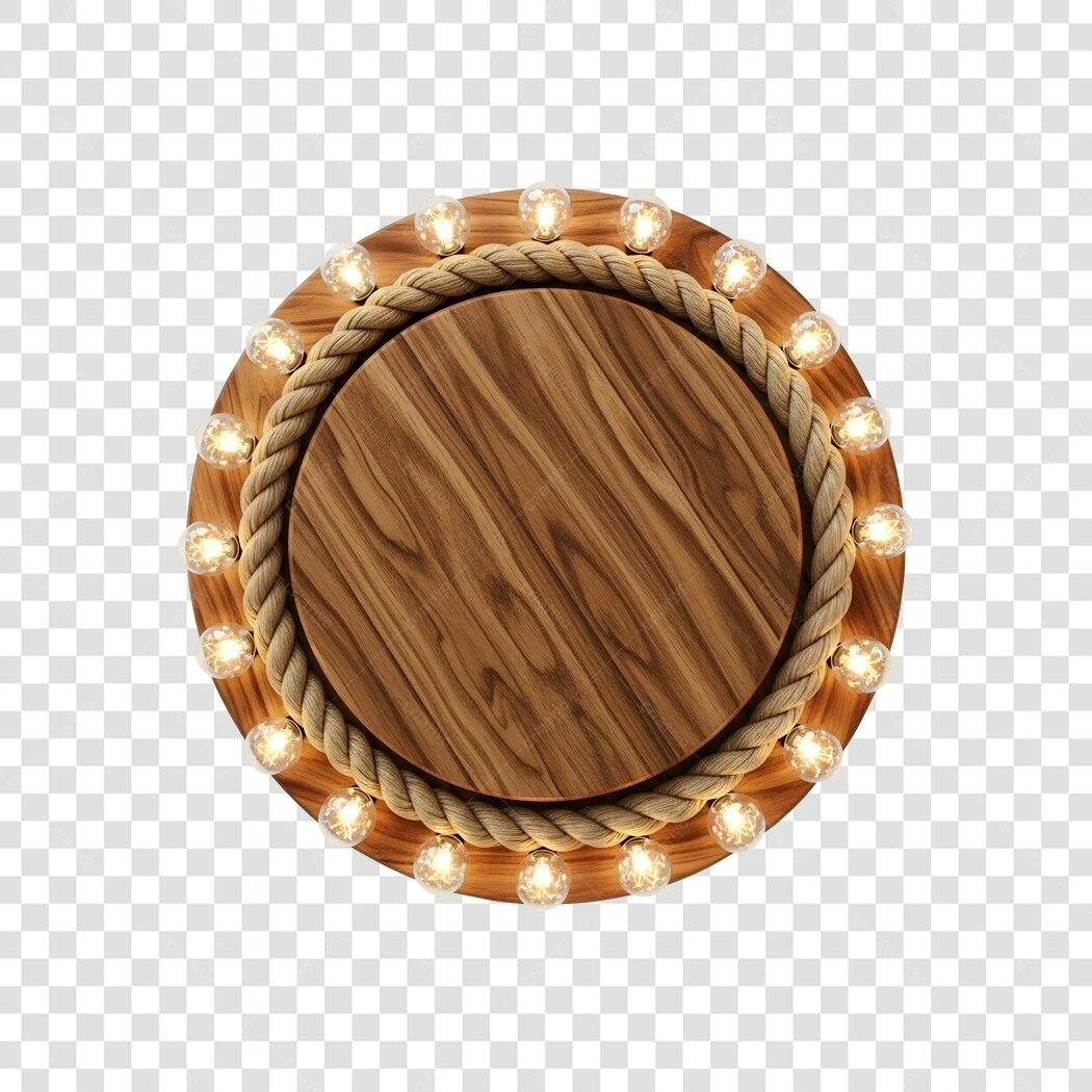Elemento 3D Placa Madeira Corda Lâmpadas PNG Fundo Transparente