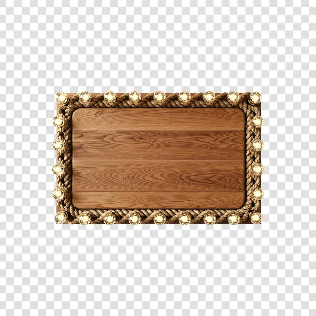 Elemento Decorativo Placa Madeira Corda Luzes PNG Fundo Transparente