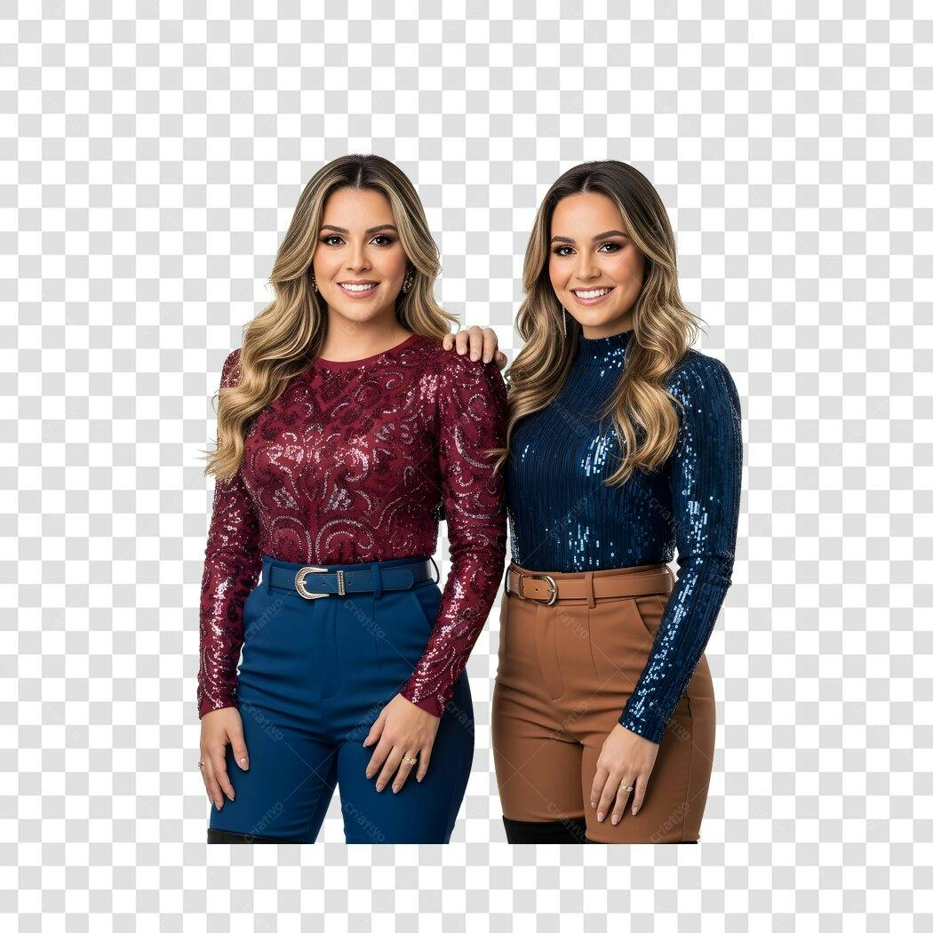 Foto Recortada Duas Mulheres Sorrindo Roupa Brilhante PNG Fundo Transparente