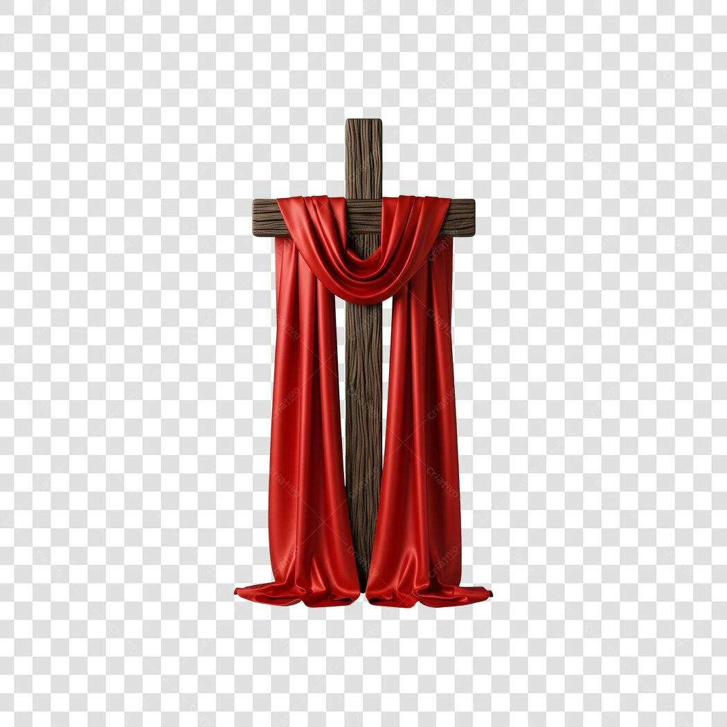 Elemento 3D Cruz Madeira Pano Vermelho Páscoa PNG Fundo Transparente