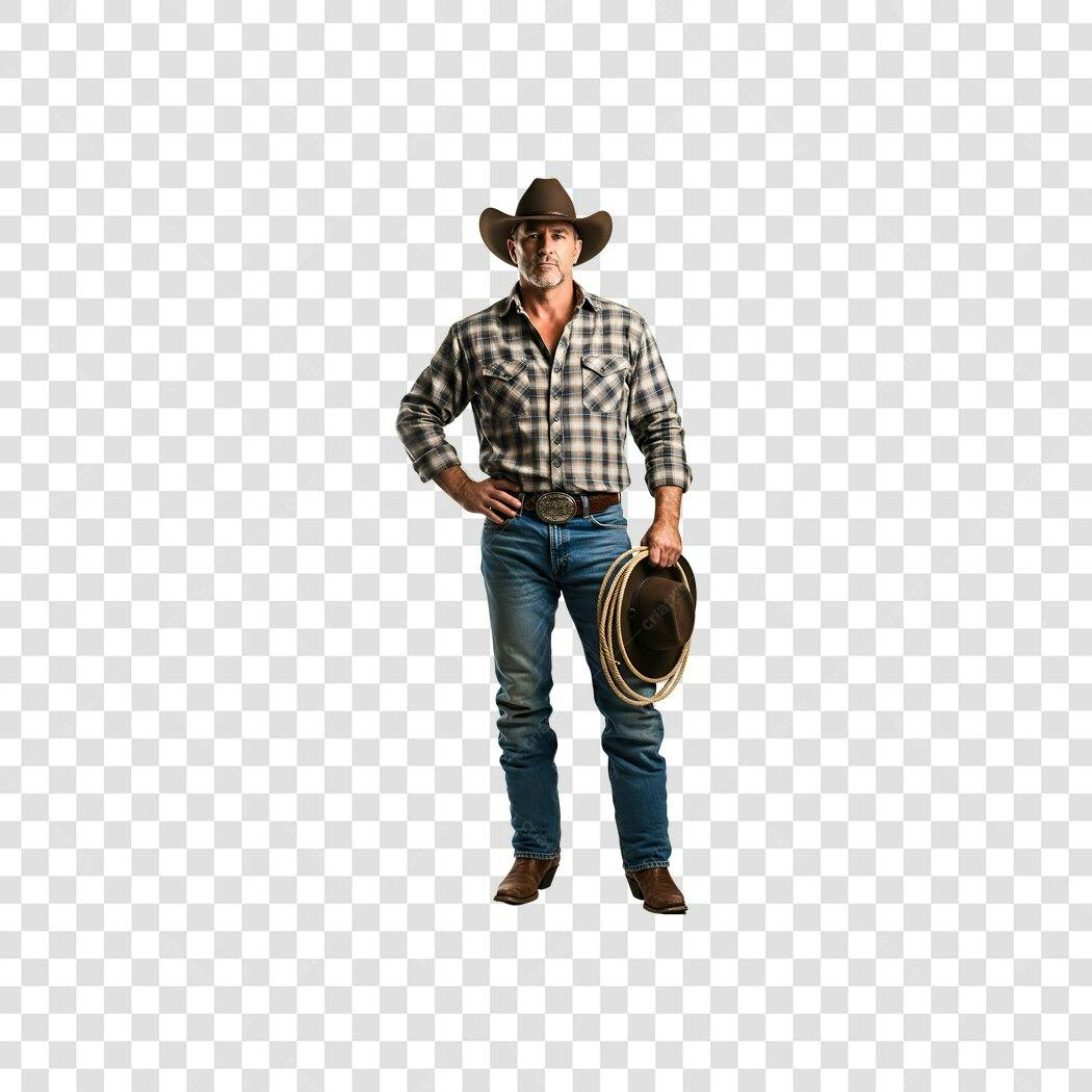 Foto Recortada Cowboy Chapéu Xadrez Jeans PNG Fundo Transparente