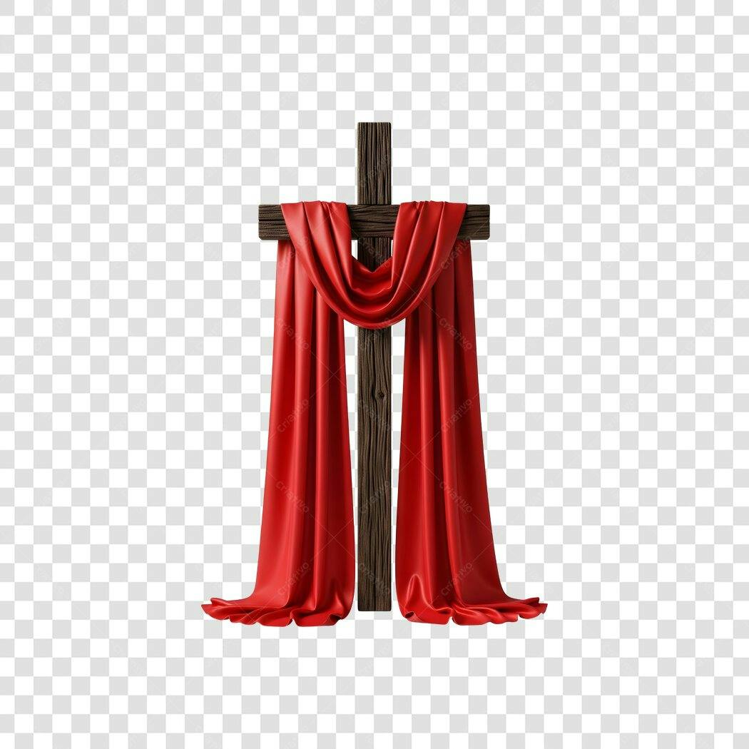 Elemento 3D Cruz Páscoa com Pano Vermelho PNG Fundo Transparente