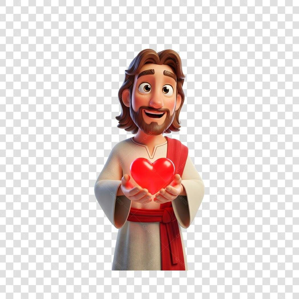Personagem 3D Jesus Cristo Coração Vermelho PNG Fundo Transparente