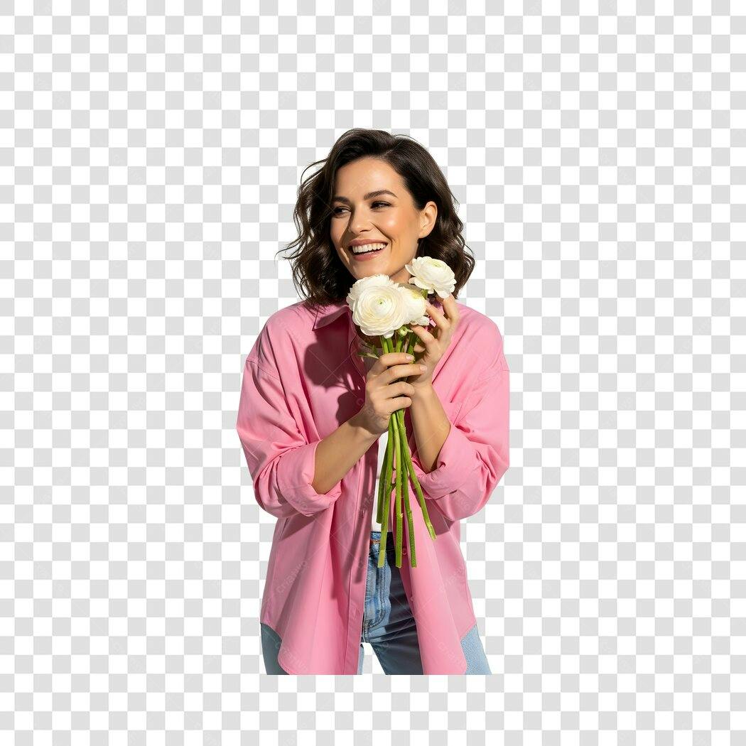 Foto Recortada Mulher Sorrindo Flores Brancas PNG Fundo Transparente