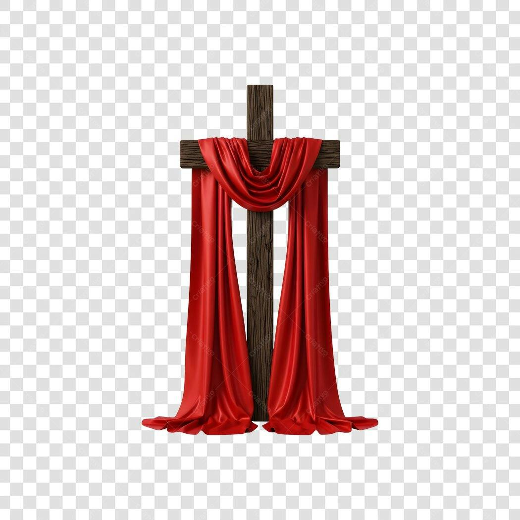 Elemento 3D Cruz Madeira Pano Vermelho Páscoa PNG Fundo Transparente