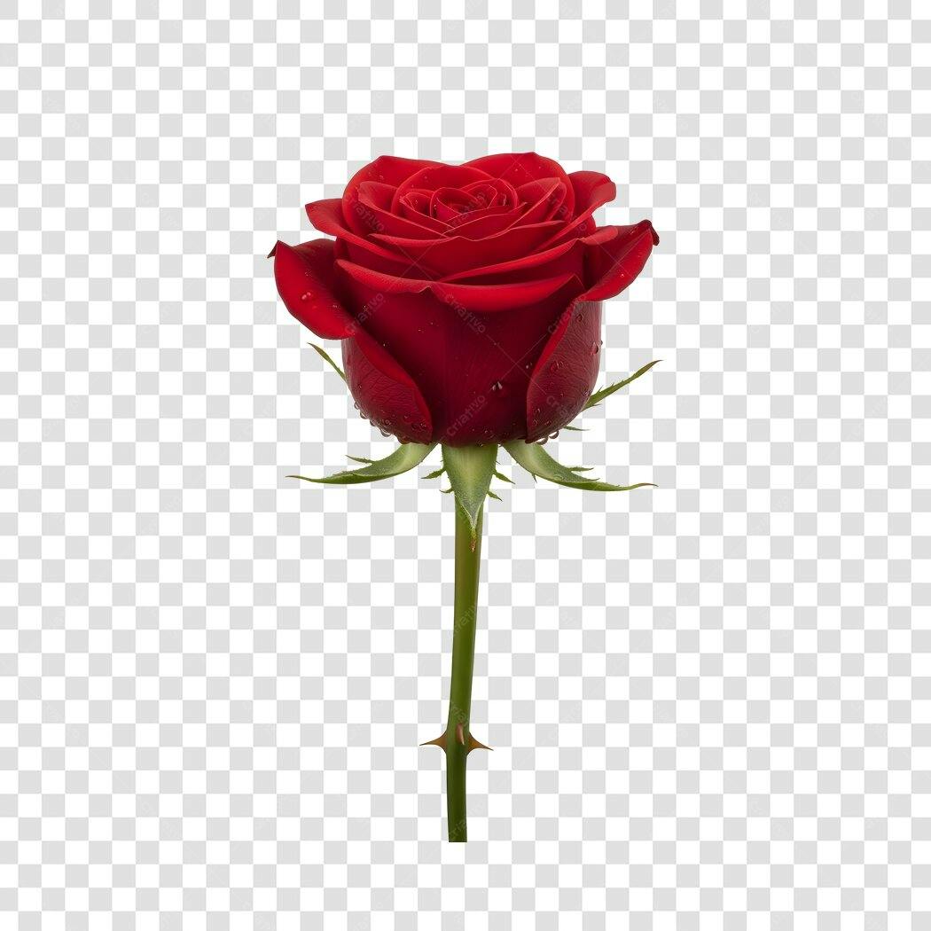 Foto Recortada Rosa Vermelha Haste Verde PNG Fundo Transparente