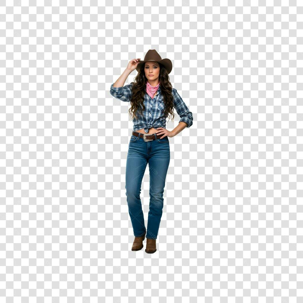 Foto Recortada Mulher Cowgirl Chapéu Xadrez PNG Fundo Transparente