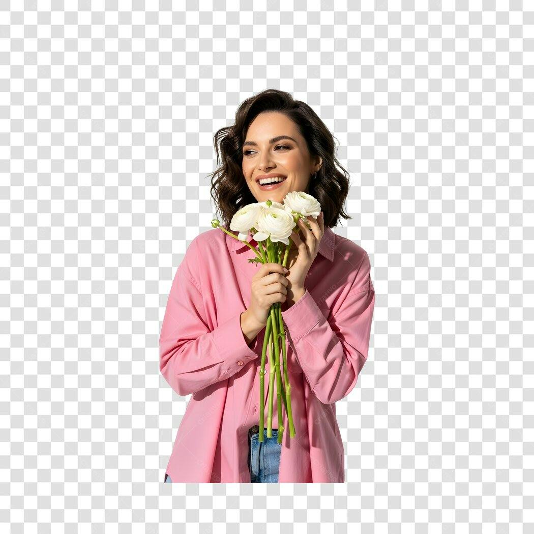 Foto Recortada Mulher Sorrindo Flores Rosas PNG Fundo Transparente