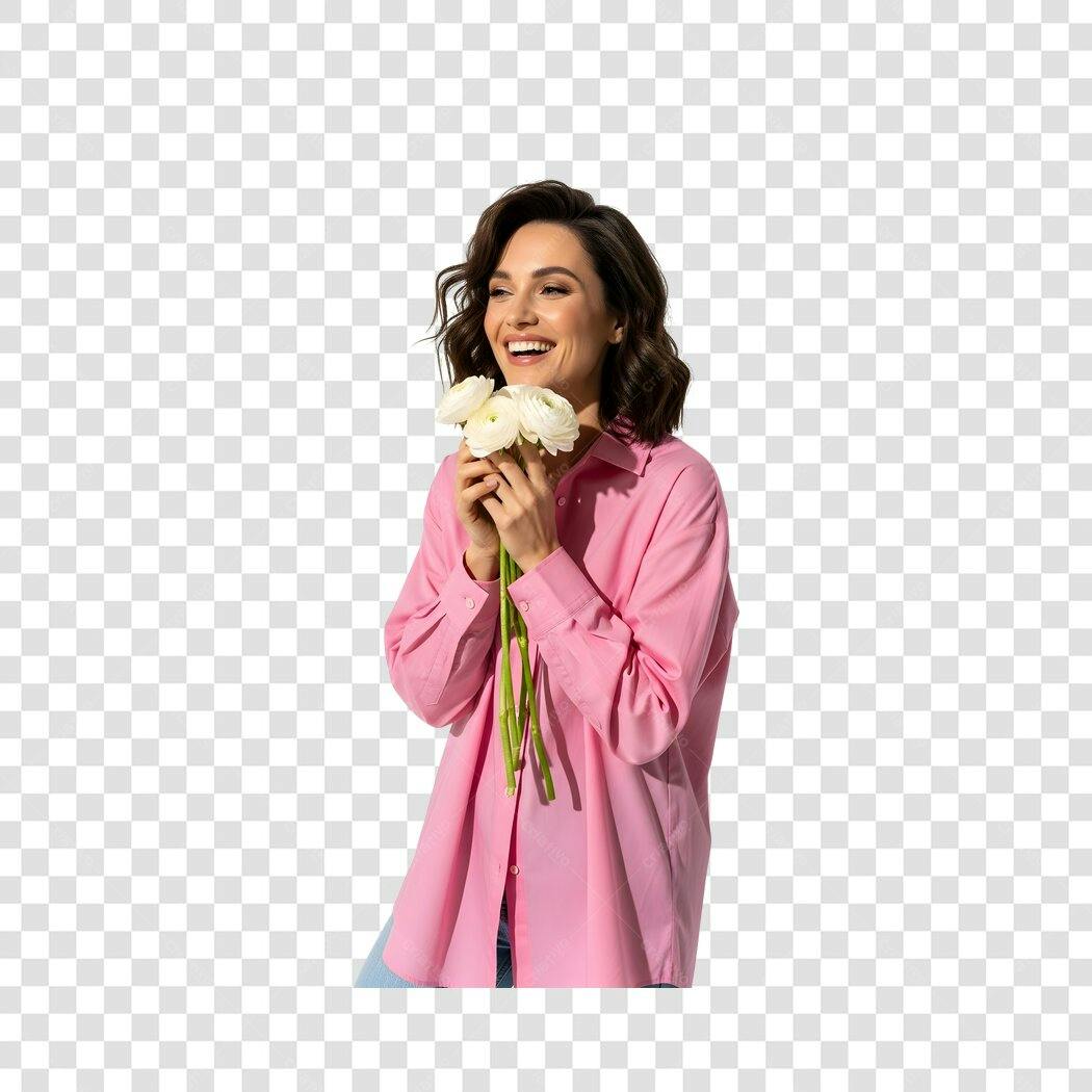 Foto Recortada Mulher Sorrindo Flores Brancas PNG Fundo Transparente