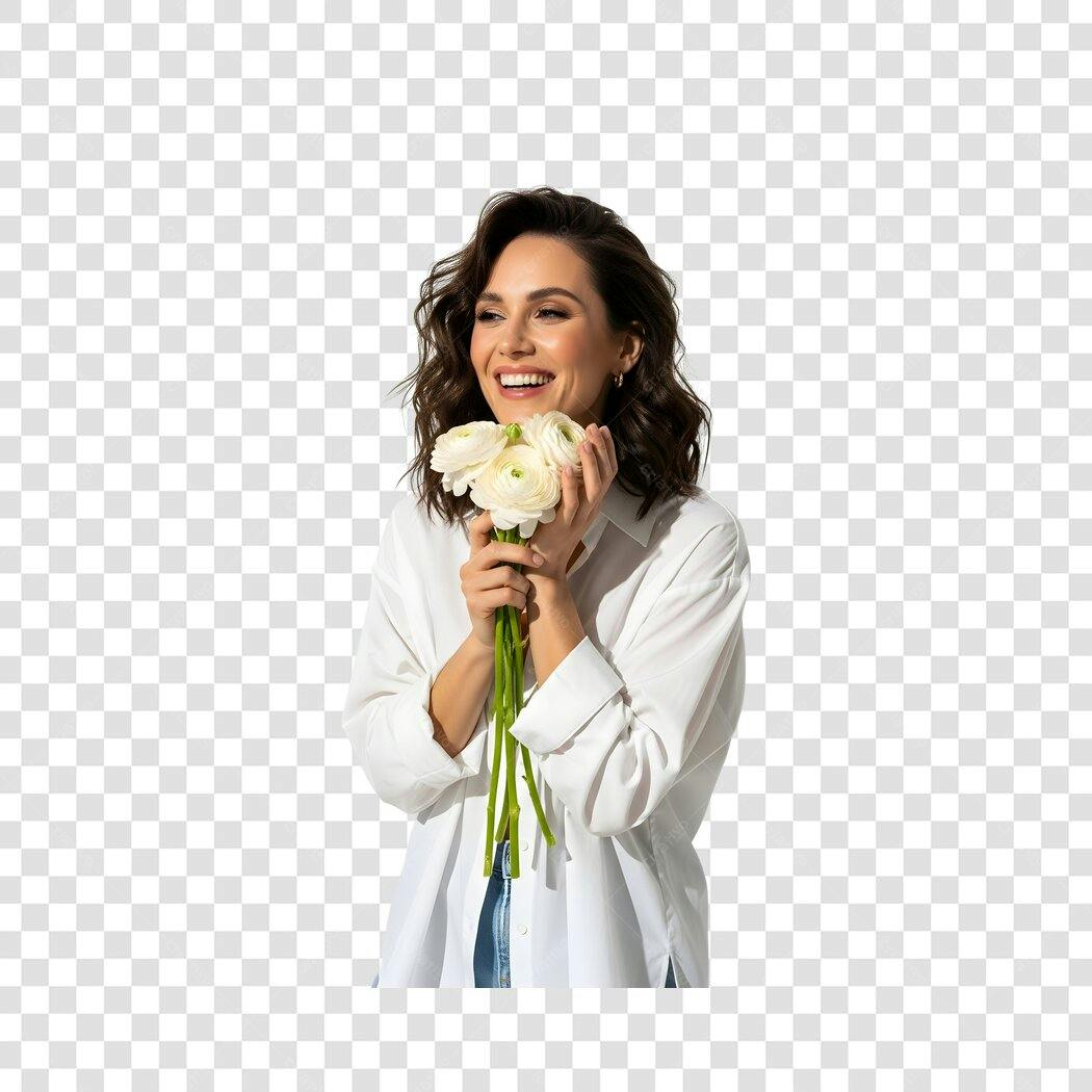 Foto Recortada Mulher Sorrindo Flores Brancas PNG Fundo Transparente