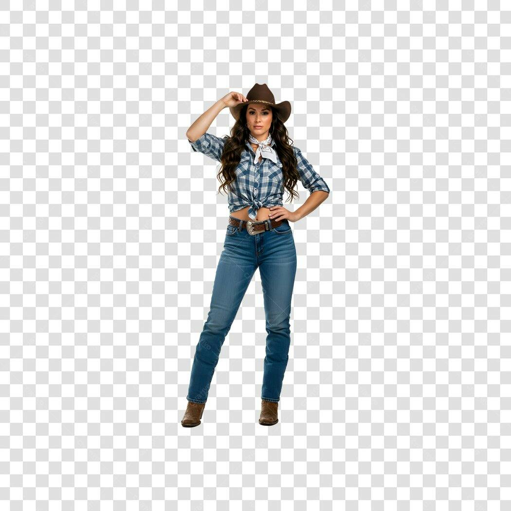 Foto Recortada Mulher Cowgirl Chapéu Xadrez PNG Fundo Transparente