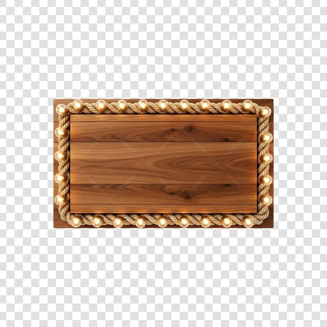 Elemento Decorativo Placa Madeira Corda Luzes PNG Fundo Transparente