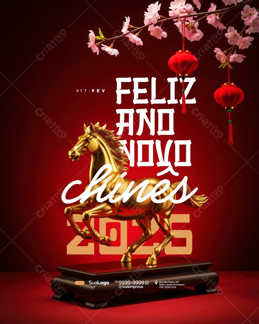 Post Feliz Ano Novo Chinês Cavalo Dourado PSD Editável