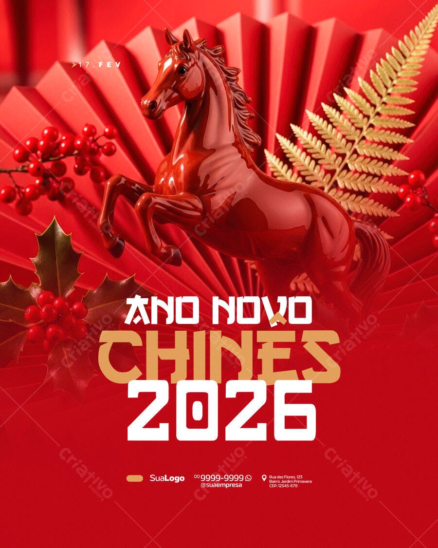 Post Ano Novo Chinês 2026 Cavalo PSD Editável