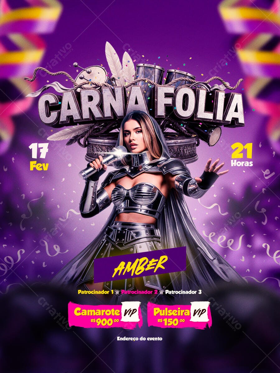 Flyer Carna Folia Fevereiro Festa Carnaval PSD Editável