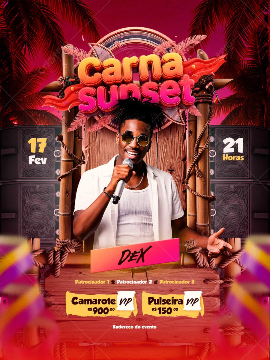Flyer Carnaval Sunset Fevereiro Evento PSD Editável