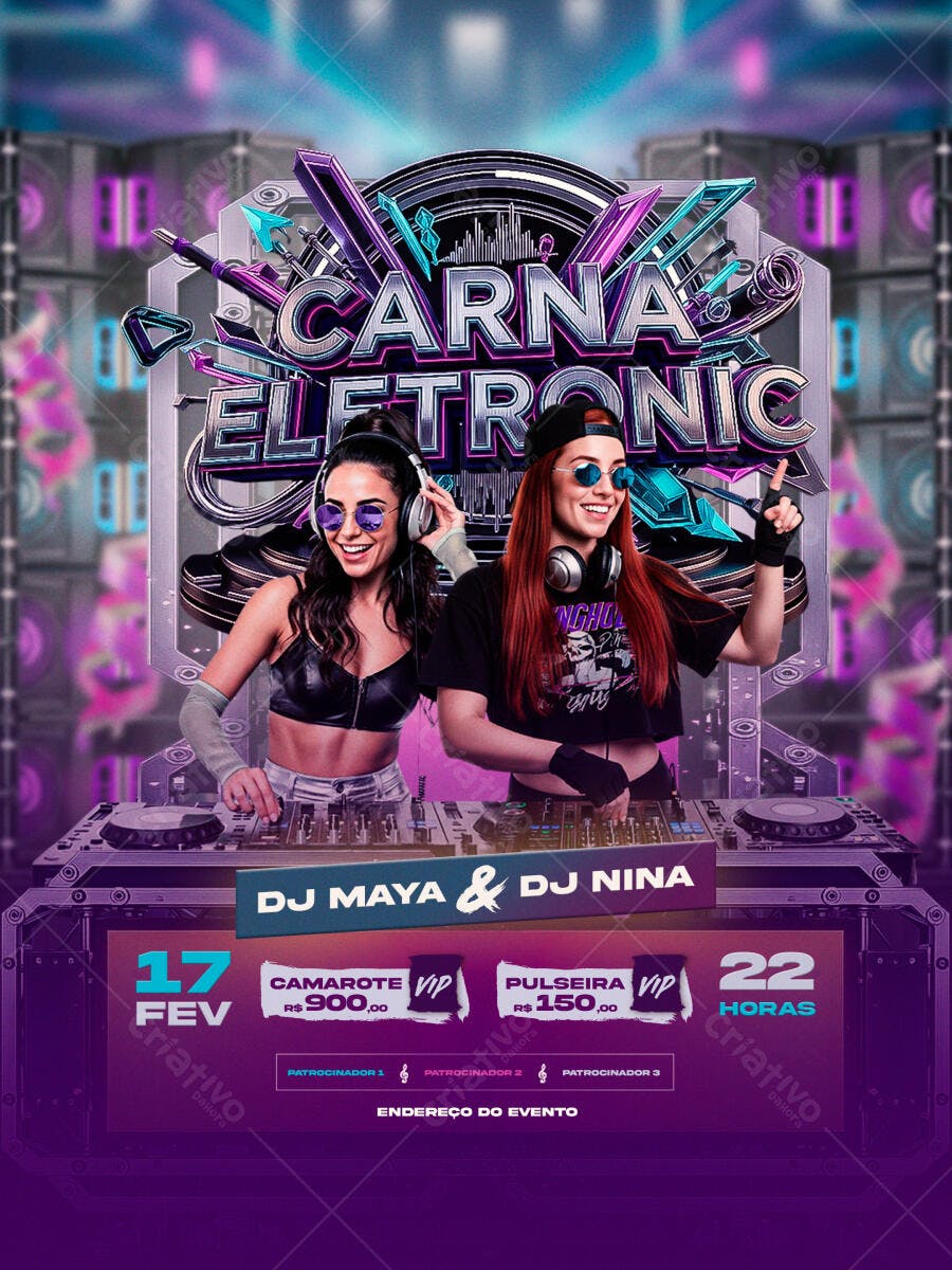 Flyer Carnaval Eletrônico Festa DJs Fevereiro PSD Editável