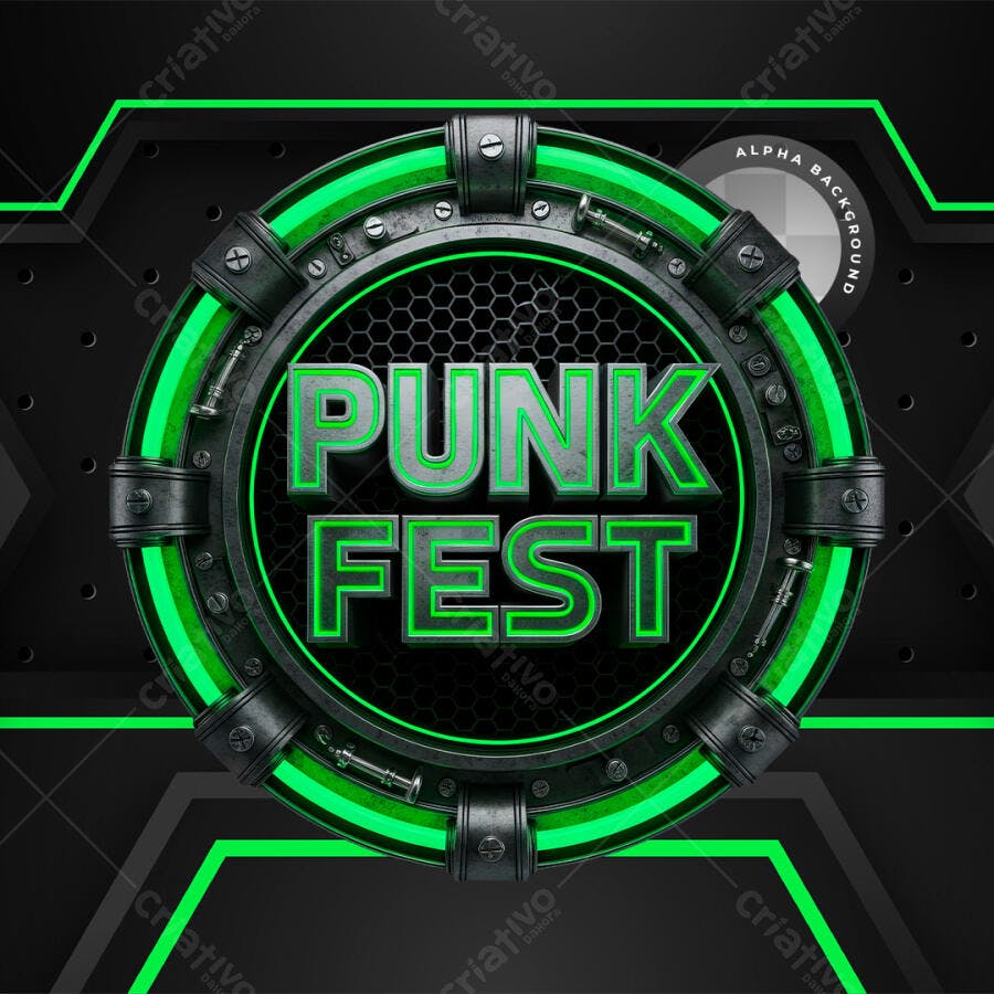 Selo 3D Cyberpunk Punk Fest Verde Metálico PNG Transparente