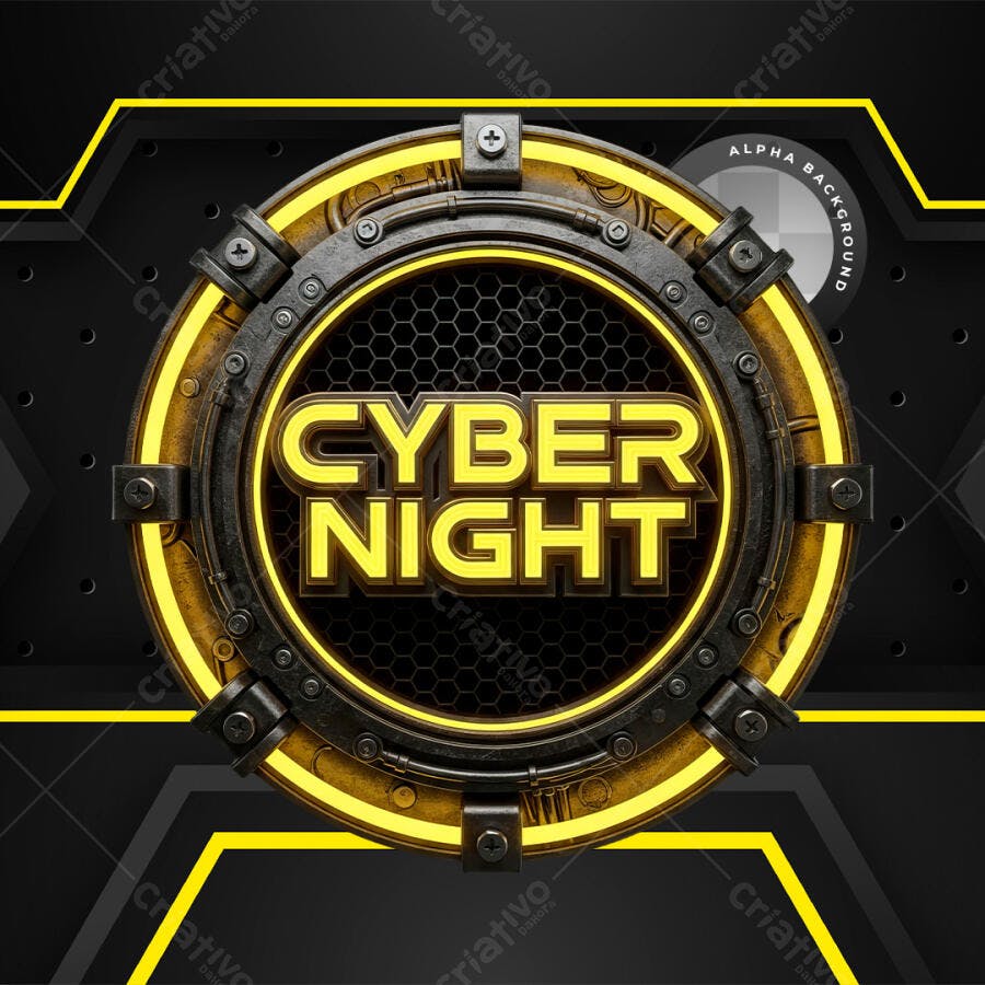 Selo 3D Cyber Night Metálico Amarelo e Preto PNG Transparente