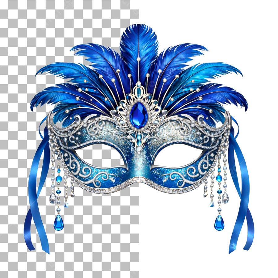 Ilustração Máscara Carnaval Azul Penas PNG Fundo Transparente