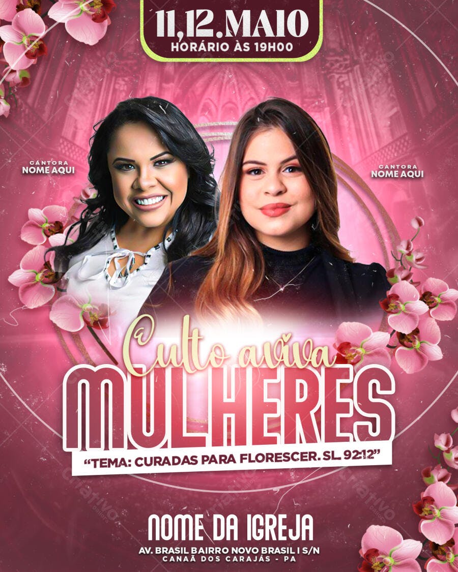 Flyer Culto Mulheres Igreja Maio PSD Editável