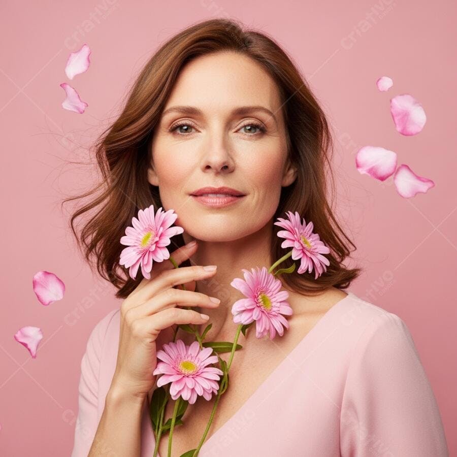 Foto Mulher Branca Sorrindo Flores Rosas Fundo Rosa Estúdio