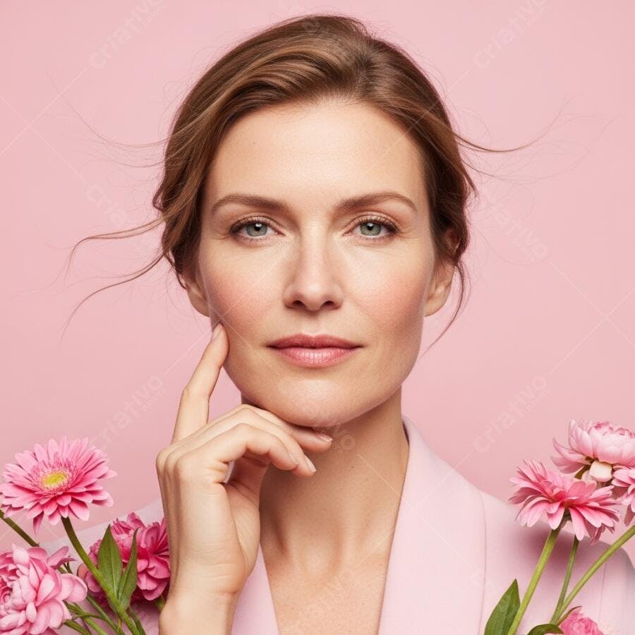 Foto Mulher Jovem Tocando Rosto Fundo Rosa Flores Cor de Rosa