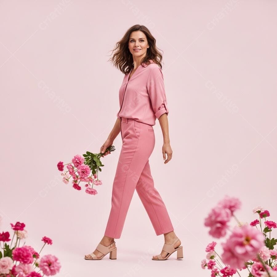 Foto Mulher Sorrindo Andando Roupas Rosa Flores Fundo Rosa
