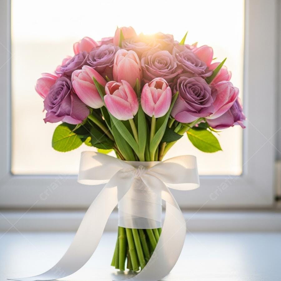Foto Buquê Rosas Tulipas Rosas Roxas Laço Branco