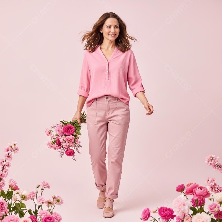 Foto Mulher Sorrindo Caminhando Flores Rosas Dia das Mães