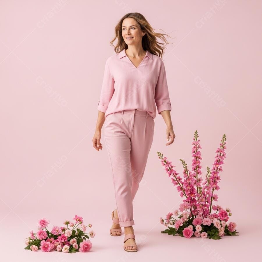Foto Mulher Sorrindo Caminhando Roupas Rosas Fundo Rosa Estúdio