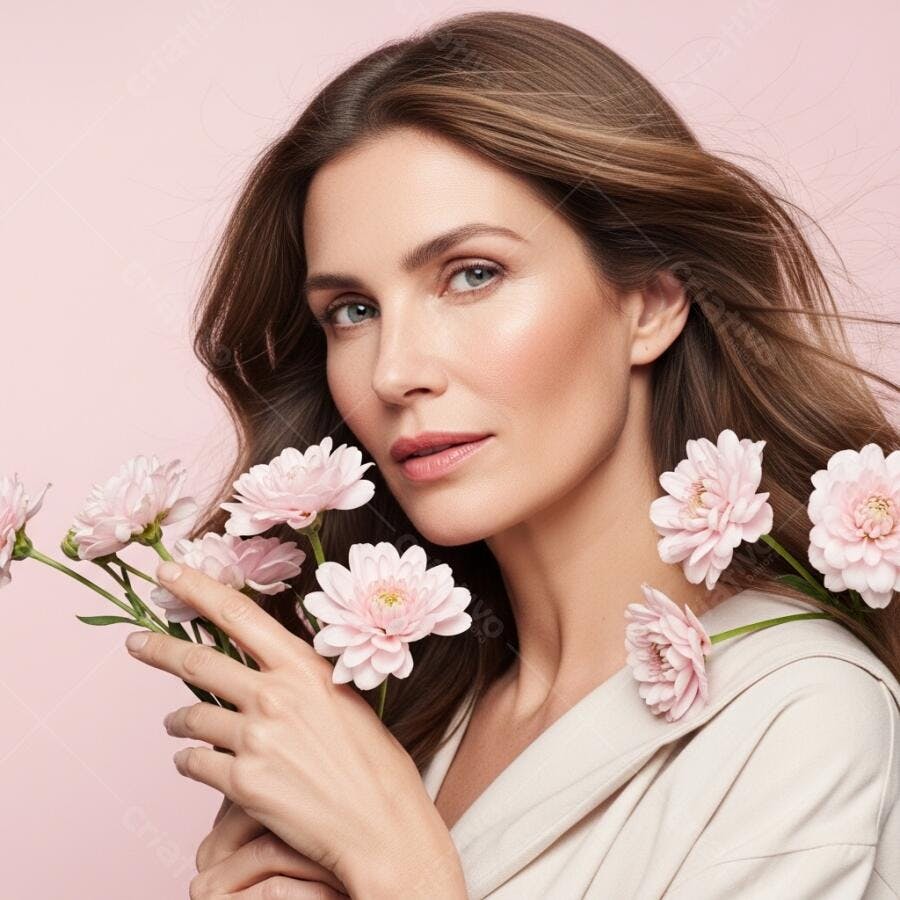 Foto Mulher Jovem Cabelo Castanho Flores Rosas Fundo Rosa