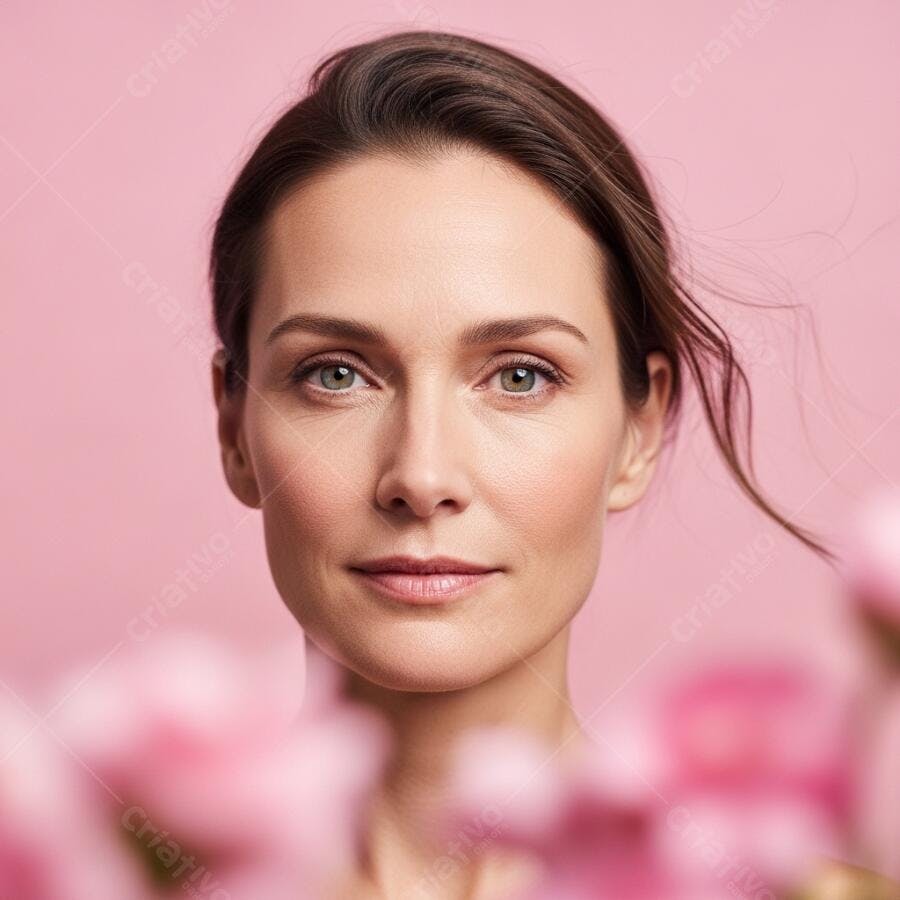 Foto Retrato Mulher Jovem Pele Saudável Fundo Rosa Flores