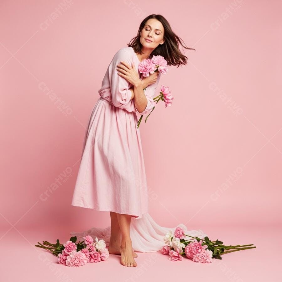 Foto Mulher Vestido Rosa Segurando Flores Peônias Estúdio