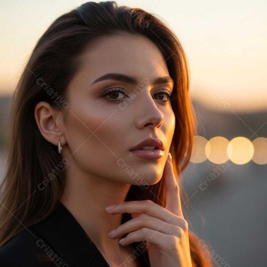 Foto Mulher Jovem Retrato Pôr do Sol Iluminação Dourada