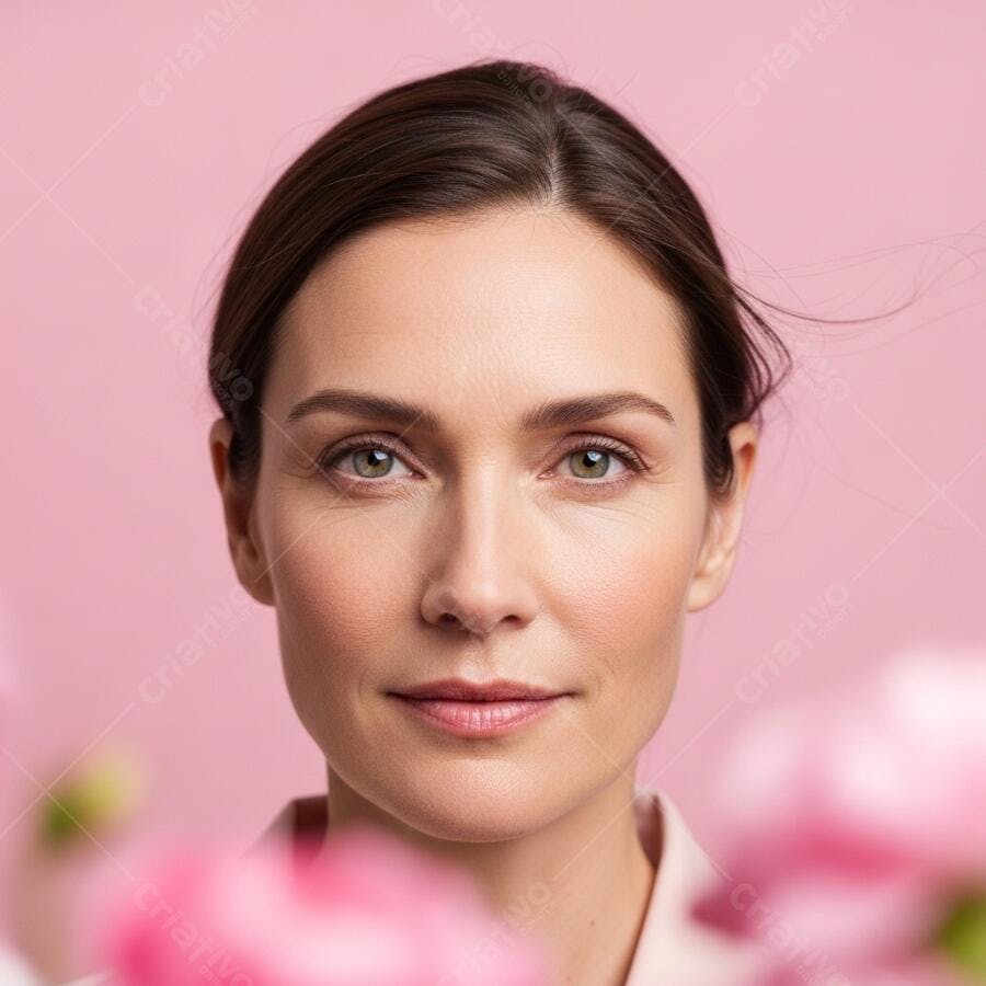 Foto Retrato Mulher Branca Olhando Câmera Fundo Rosa Flores