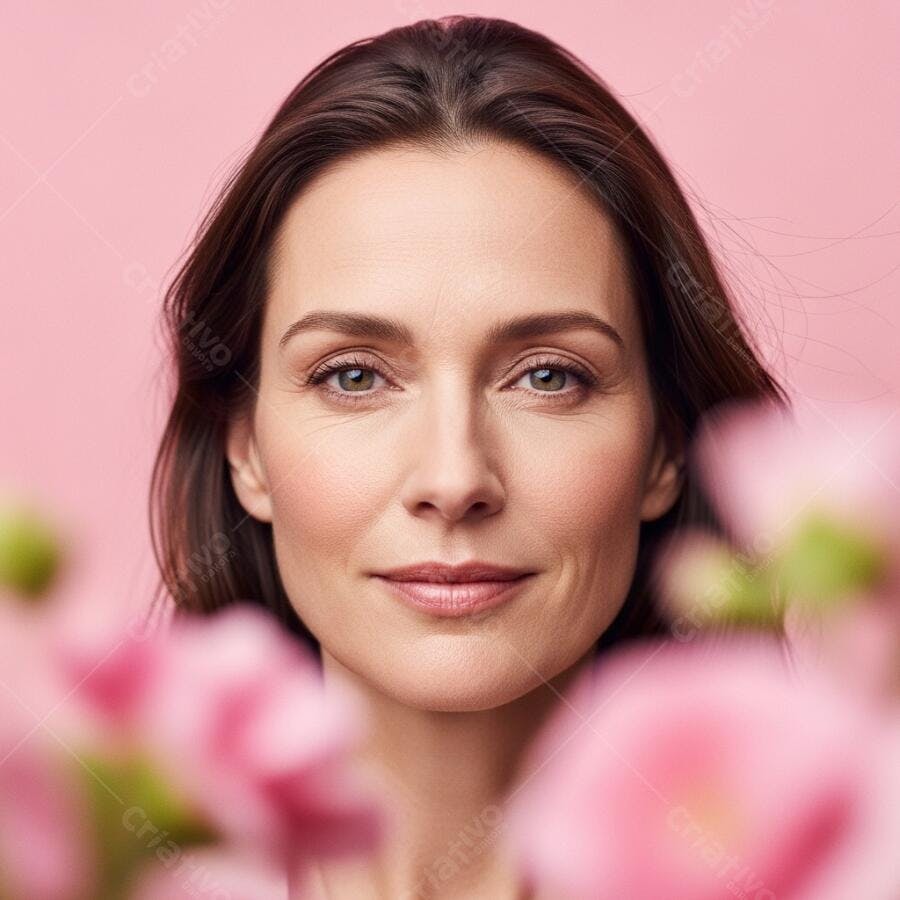 Foto Mulher Sorrindo Flores Rosas Fundo Rosa Estúdio