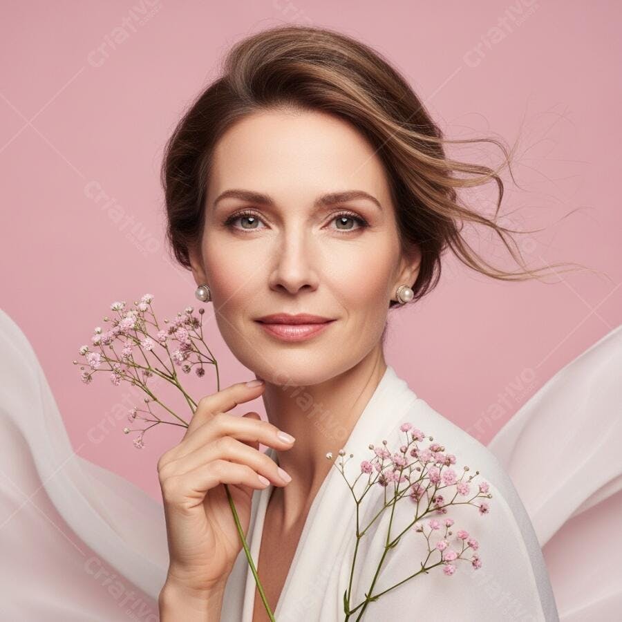 Foto Retrato Mulher Branca Sorrindo Flores Rosas Fundo Rosa